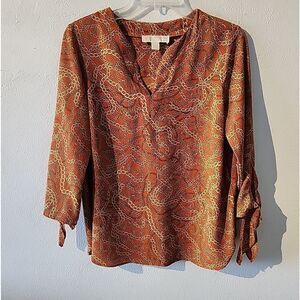Michael Kors Shirt Womens Medium Orange Gold Chains Blouse Top Nice